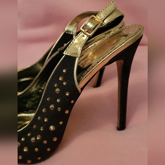 Ladies Alba Size 10 strappy black and gold studded stilettos heels - Picture 8 of 11